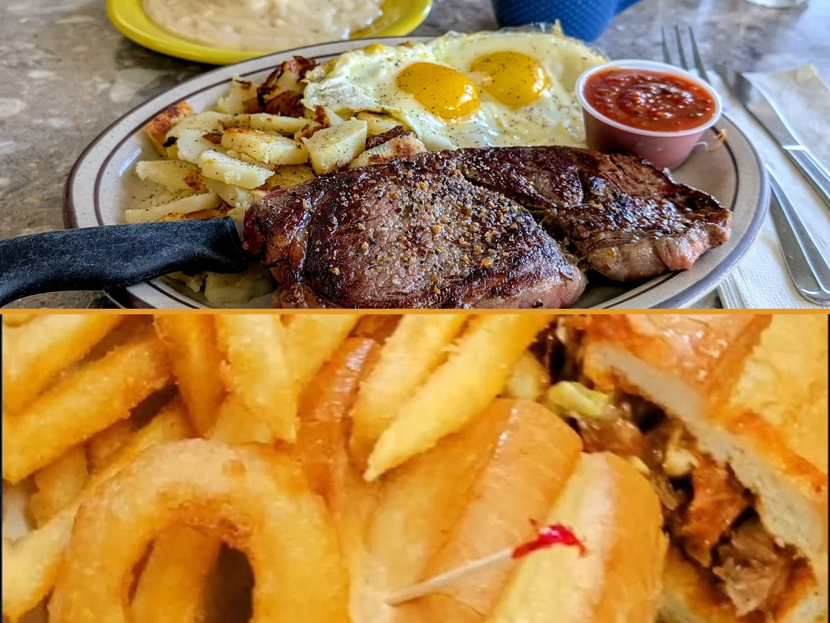 Breakfast plates on a table in a casual diner.