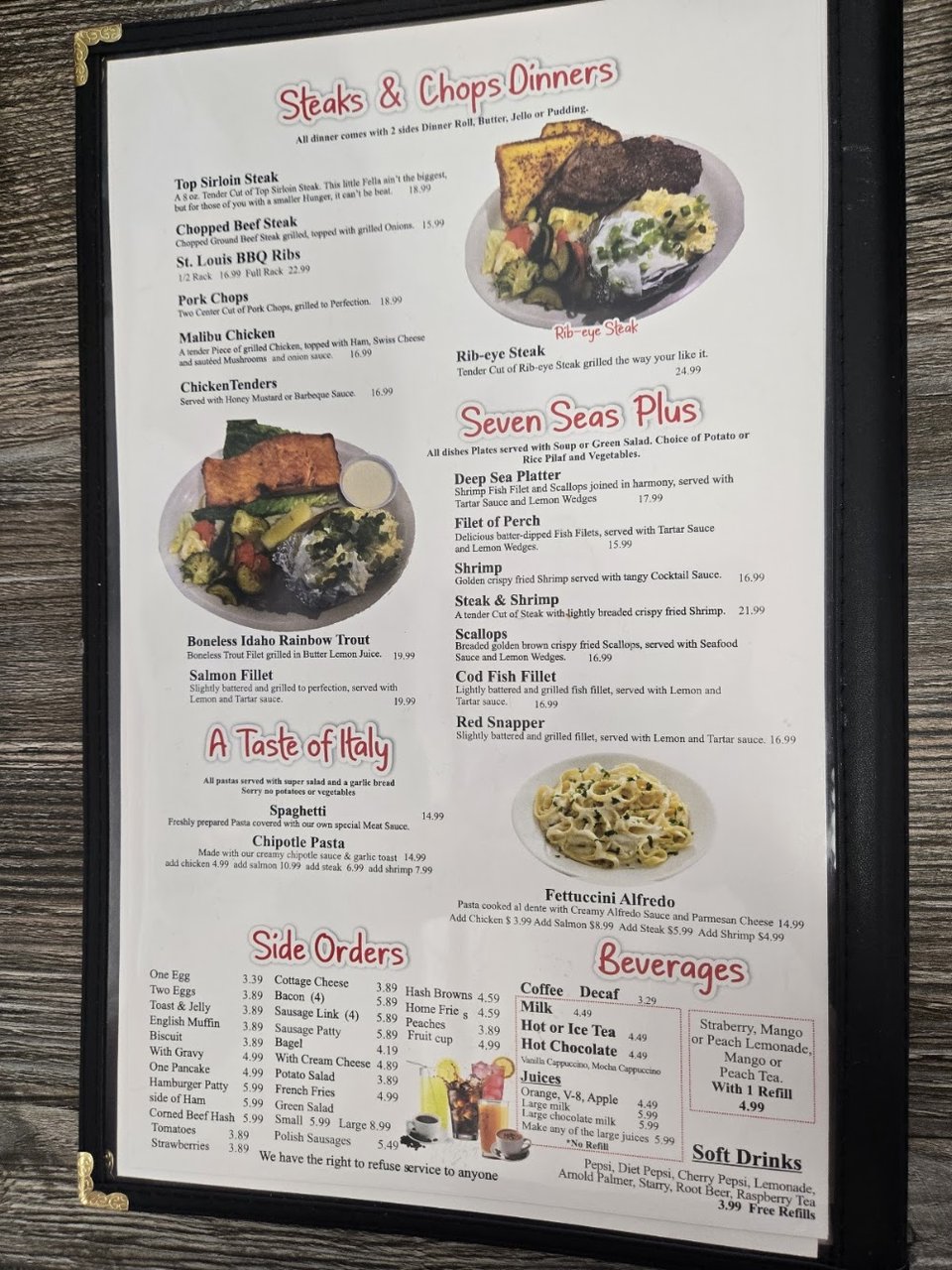 Printed menu showing country breakfast dishes.