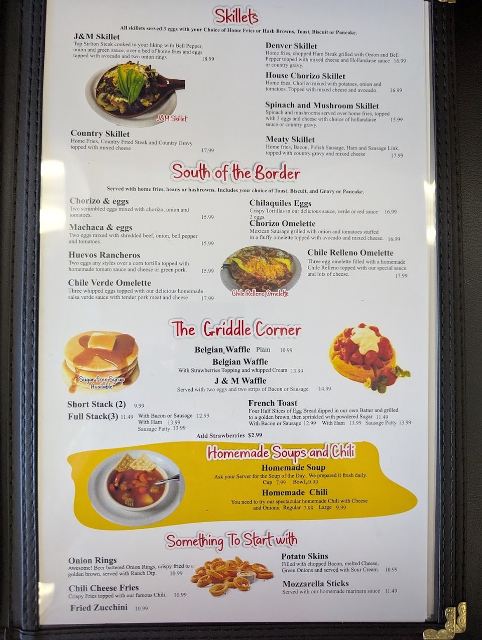 Restaurant menu with classic breakfast selections.