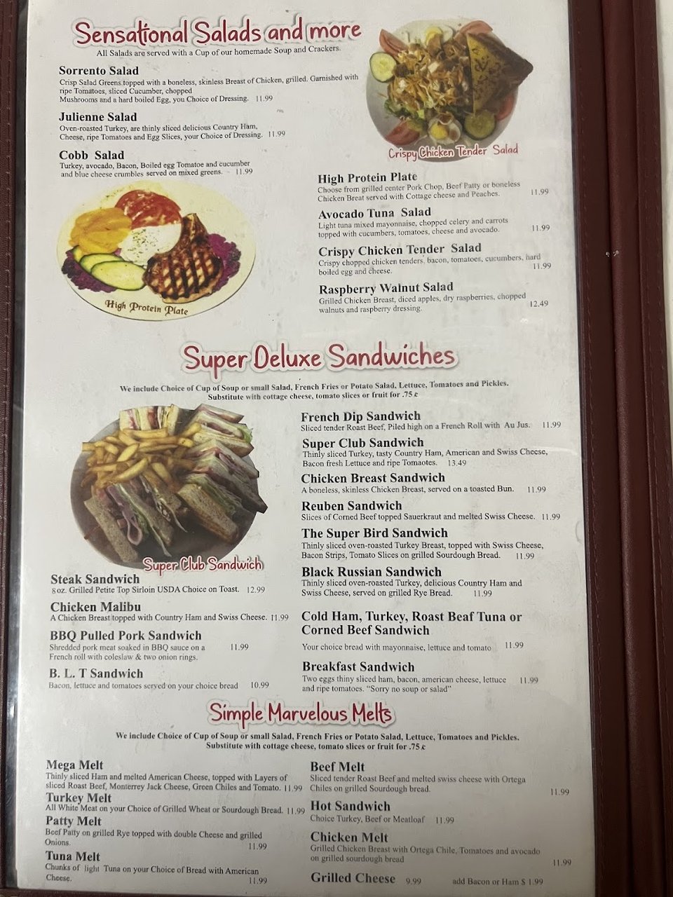 Breakfast menu with omelettes and eggs.